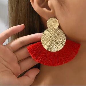 Red Tassel Statement Earrings 
Gold Circle Drop | Bold & Chic